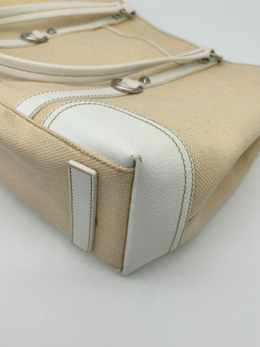 Prada Tote Shoulder Triangle Plate Logo Canvas Leather Beige - Picture 11 of 16
